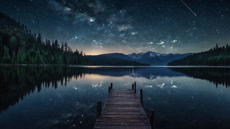Mountain lake in the night sky with stars and milky way