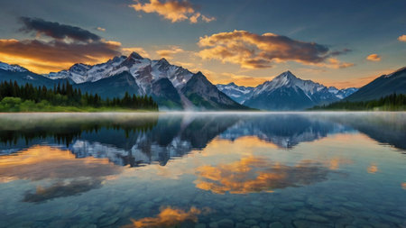Mountain lake at sunset with reflection in the water. Canadian Rockies