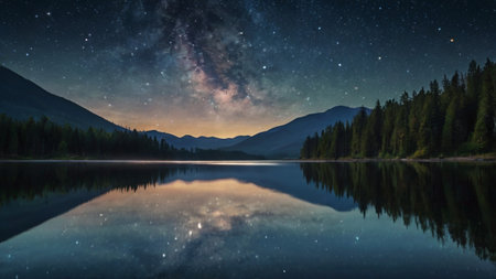 Milky way over the lake with mountains reflection in the water.の写真素材