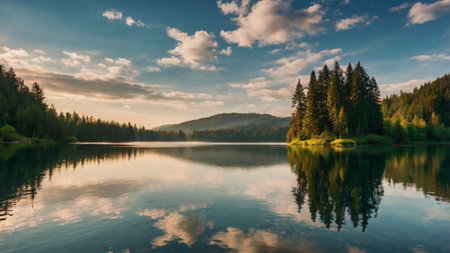 Panoramic view of the lake in the mountains at sunset.の写真素材