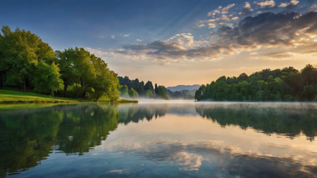 Beautiful morning landscape with fog on the lake and trees reflected in waterの写真素材