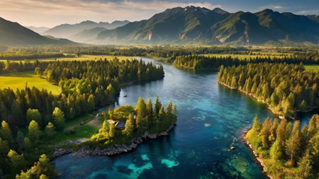Aerial view of a beautiful mountain lake in the mountains. Beautiful summer landscape.