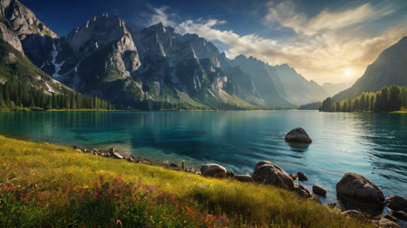 Fantastic summer landscape with mountain lake. Dramatic overcast sky. Beauty world.の写真素材