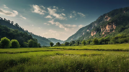 Panoramic view of green meadow with mountains in the background