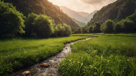 Mountain landscape with river and green meadow in the morning.の写真素材