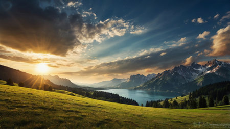 Sunset over lake in Bavaria, Germany. Panoramic view