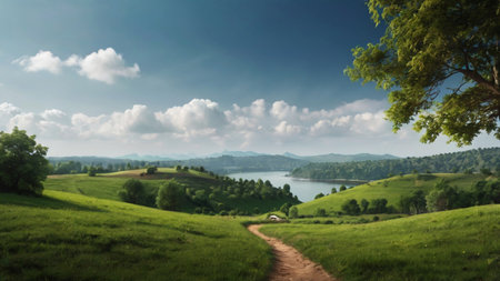 Panoramic view of lake and meadow in the countryside.の写真素材