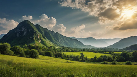 Beautiful summer landscape with green meadow and mountains on the background