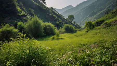 Landscape of green meadow and mountains in the morning, Indiaの写真素材
