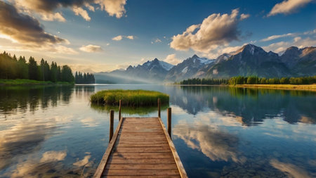Beautiful alpine lake with wooden pier and reflection of mountains.の写真素材