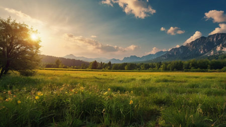 Sunset over the meadow and mountains in Bavaria, Germanyの写真素材