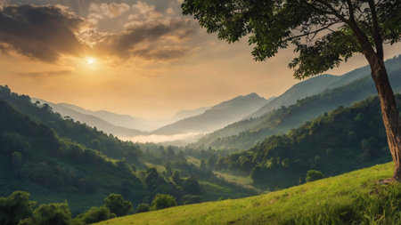 Beautiful morning landscape with fog in the mountains at sunrise. Panoramic view.の写真素材
