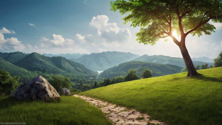 Mountain landscape with green meadow and big tree. Nature background