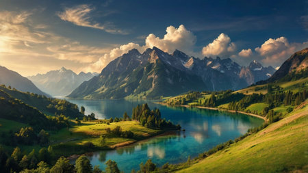 Panoramic view of alpine lake in mountains. Beautiful summer landscape.の写真素材