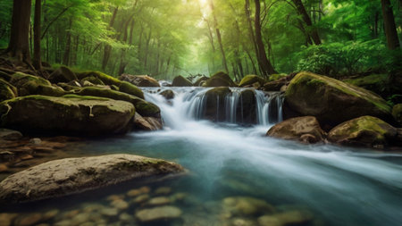 Beautiful waterfall in the forest. Soft focus. Panorama.の写真素材