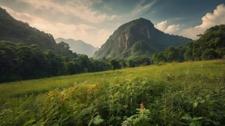 Panorama of green meadow and mountain in the morning, Thailandの写真素材