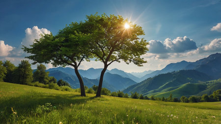 Beautiful summer landscape with lonely tree on meadow and mountains in backgroundの写真素材