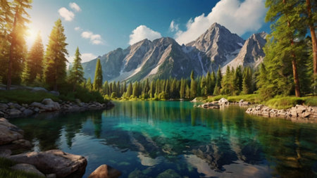 Beautiful mountain lake in the high mountains. Summer landscape. Mountain lake in the mountains.