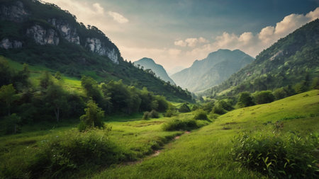 Panoramic view of the mountains and meadows in the summerの写真素材