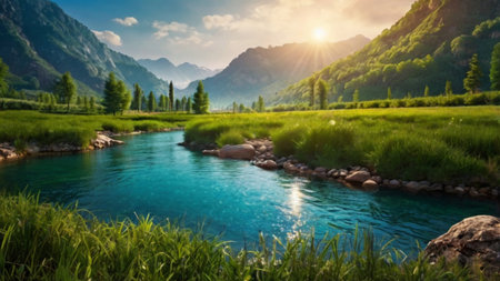 Beautiful view of the turquoise mountain river in the highlands.の写真素材