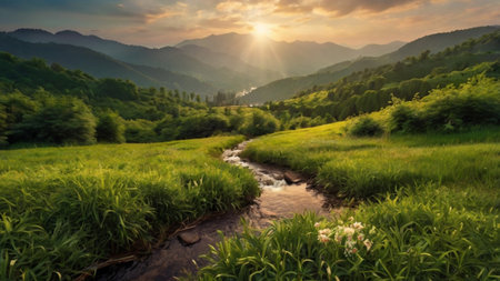 Beautiful landscape with mountain river and green hills at sunset. Nature background