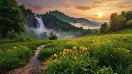 Sunset in the mountains with a waterfall and yellow flowers in the foregroundの写真素材