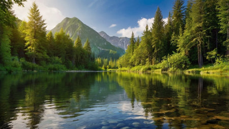 Beautiful mountain lake in the forest. Panoramic view.