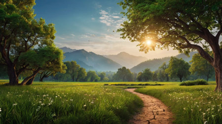 Meadow with trees and grass at sunrise. Nature background.の写真素材