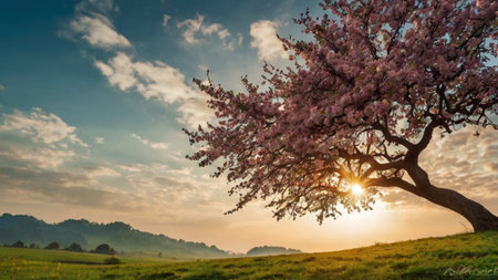 Sunset over a blooming apple tree on a green meadow