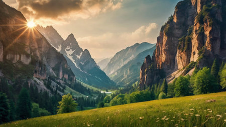 Panoramic view of the Dolomites mountains at sunset, Italyの写真素材