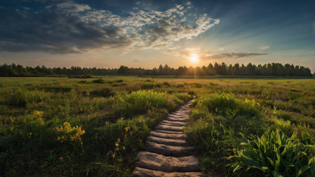 Sunset over a meadow with a stone path leading to the horizonの写真素材