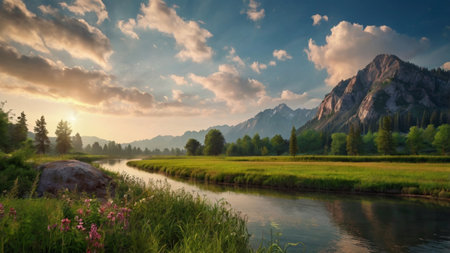 Mountain river in the summer. Landscape with mountains and cloudsの写真素材