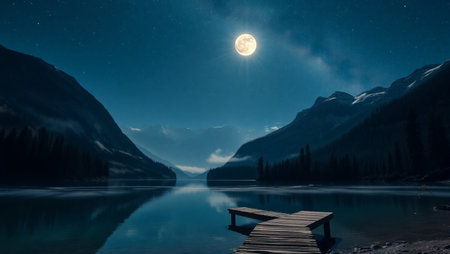 moonrise over the mountain lake with wooden jetty at night in summerの写真素材
