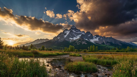 Sunset over the Grand Teton National Park, Wyoming, USAの写真素材