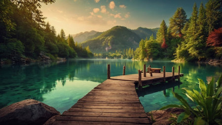 Wooden pier on the lake in the mountains. Beautiful summer landscape.の写真素材