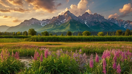 Mountains and meadow with wild flowers at sunset in summer.の写真素材