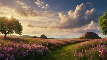 Panoramic view of a beautiful summer meadow with purple flowersの写真素材