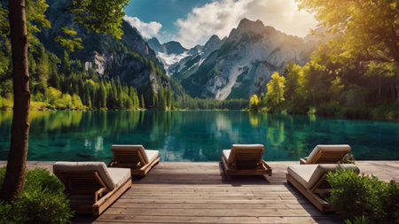 Swimming pool with sun loungers on a wooden deck in front of a mountain lakeの写真素材