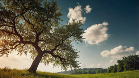 Beautiful summer landscape with old oak tree and blue sky with cloudsの写真素材