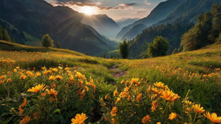 Sunset in the mountains. Beautiful summer landscape with yellow flowers.の写真素材