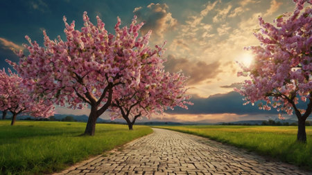 Beautiful spring landscape with blooming sakura tree on the road