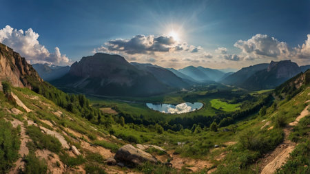 panoramic view of the lake in the Dolomites, Italyの写真素材