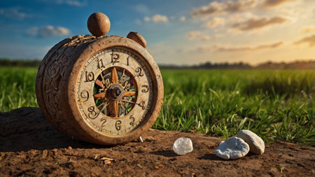 Old clock with stones in the field. Conceptual image of time.の写真素材