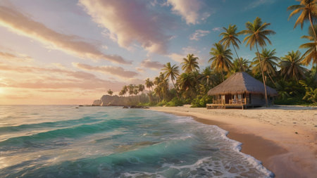Tropical beach at sunset with palm trees and bungalows