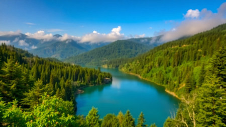 Panoramic view of the mountain lake in the Carpathiansの写真素材