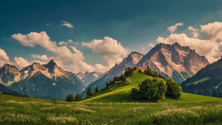 panoramic view of alpine meadow in front of mountainsの写真素材
