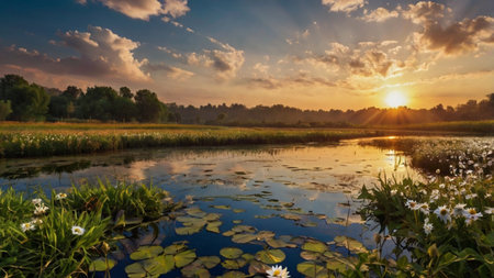 Sunset over the lake in summer with water lilies and grassの写真素材