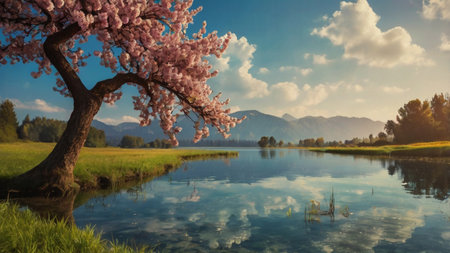 Cherry blossoms on the background of the lake and mountains.の写真素材