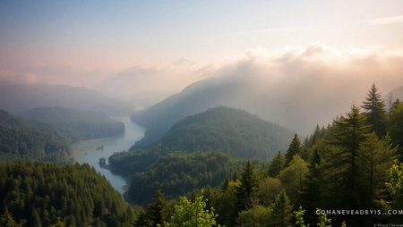 Morning fog over the lake in the Carpathian mountains, Ukraineの写真素材