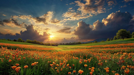 Beautiful sunset over the meadow with orange blooming flowers.の写真素材